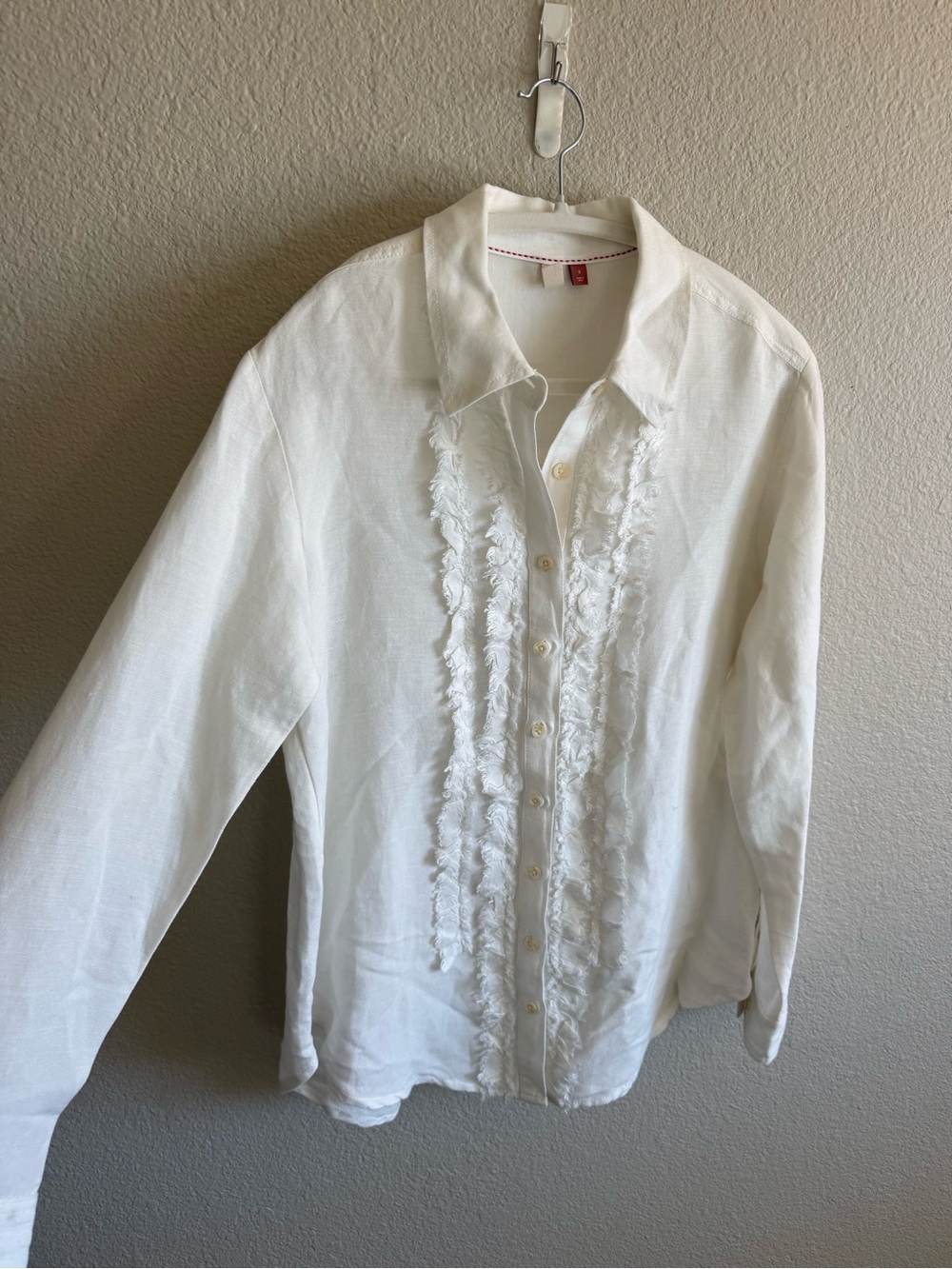Pilcro Anthropologie White Tuxedo Button Down Shirt Ruffles Linen Blend Small - Picture 4 of 9